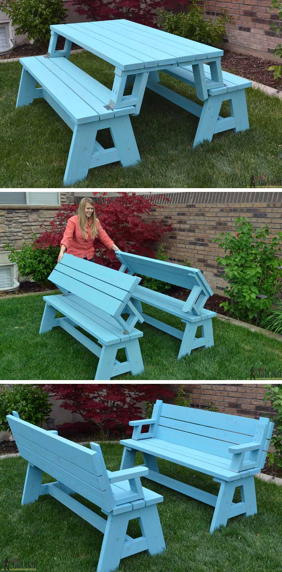  picnic table’s top folds down to create the back of the bench, for a
