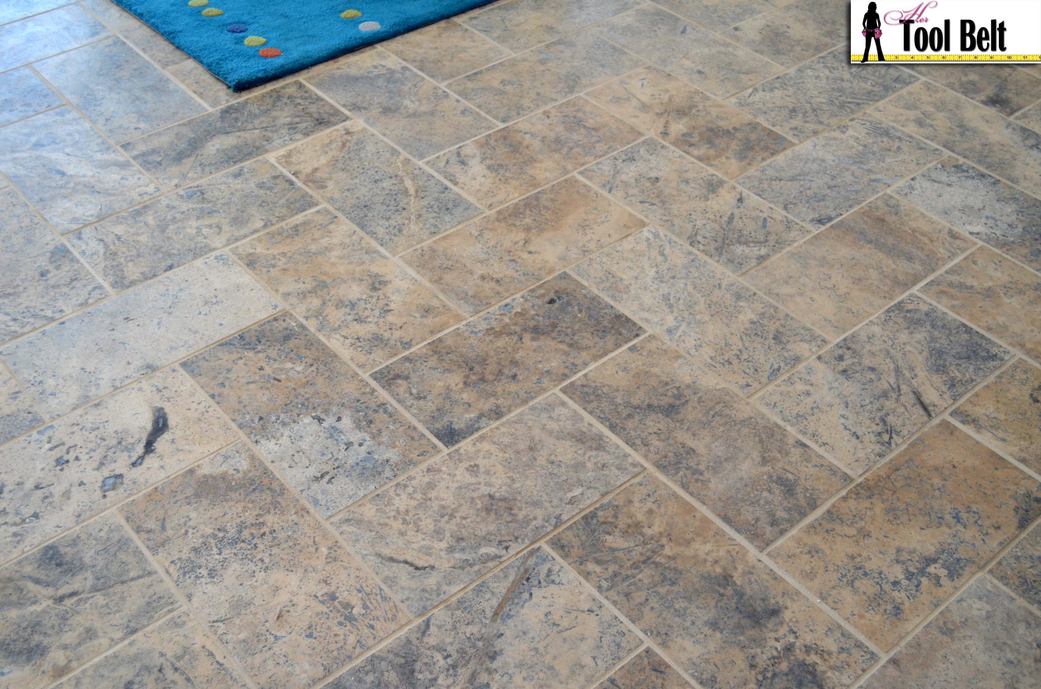 Silver Travertine Tile Herringbone Floor Tutorial Her Tool Belt