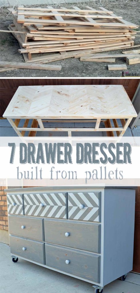 7 drawer dresser built from pallets with a chevron top - free plans on hertoolbelt.com