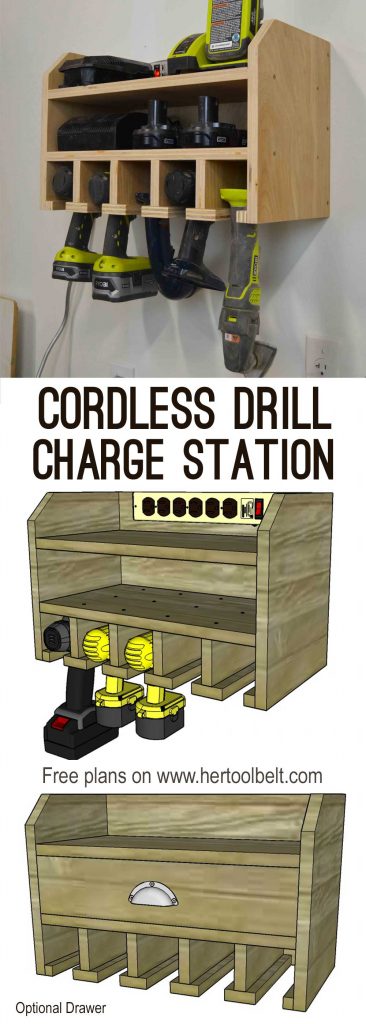 Organize your tools, free plans for a DIY cordless drill storage and battery charging station. Optional drawer is great for drill bit storage.
