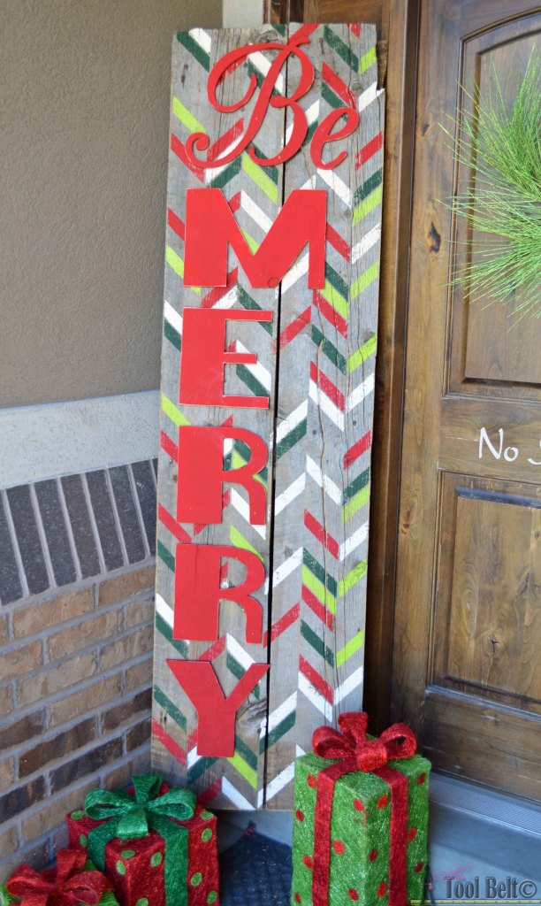 Be Merry rustic Christmas sign - use the herringbone shuffle stencil to create a festive statement piece for your holiday decor.  #royaldesignstudio