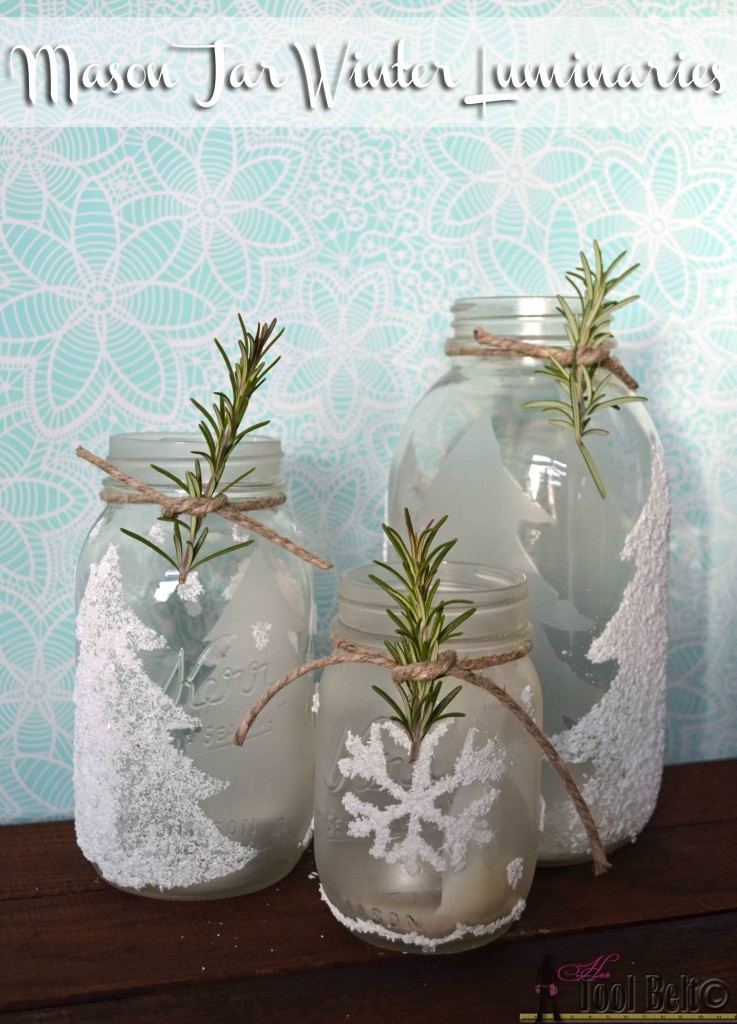 Frosted and flocked pine trees make these easy winter themed luminaries have a beautiful glow.