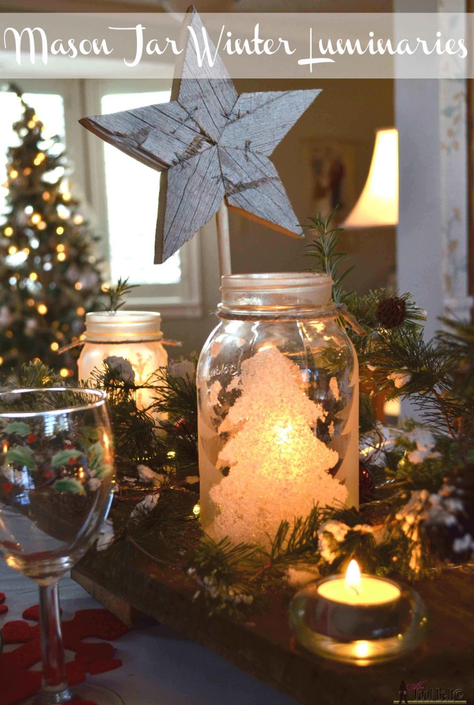 Frosted and flocked pine trees make these easy winter themed luminaries have a beautiful glow.