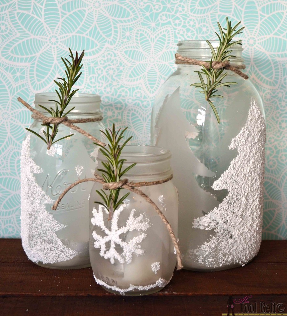 Frosted and flocked pine trees make these easy winter themed luminaries have a beautiful glow.