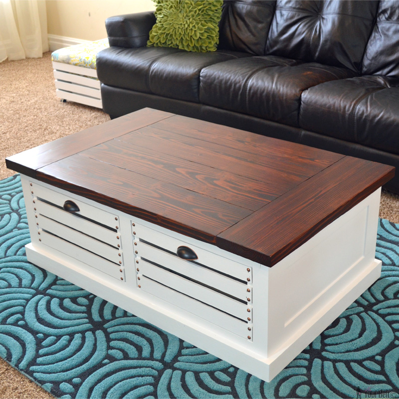 Add storage to your living areas by building a stylish and unique crate storage coffee table, free woodworking plans. #Ryobiorganized