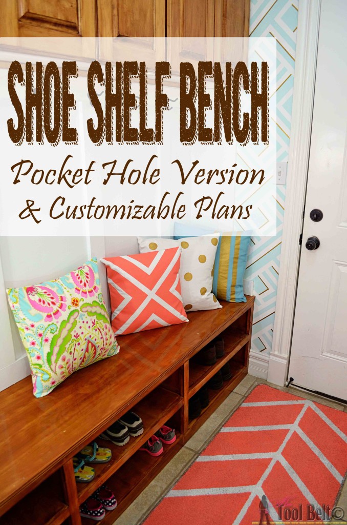 Organize those shoes with a shoe shelf bench, easily build it with pocket holes and these customizable woodworking plans.