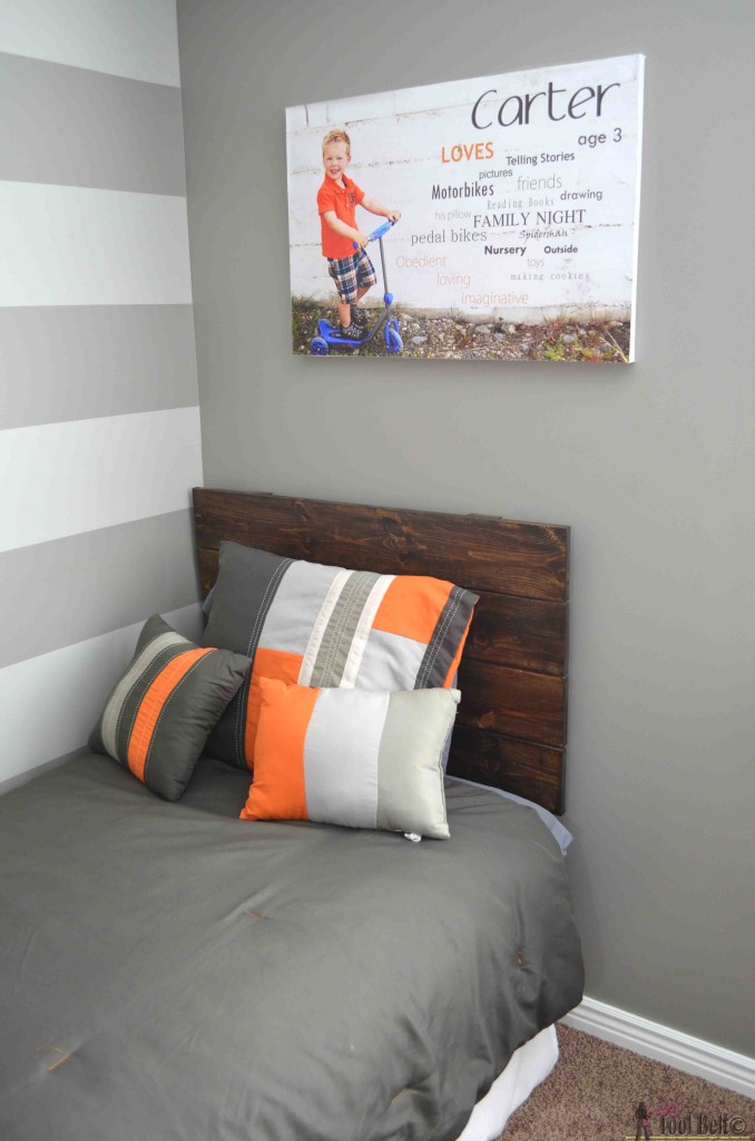 Super cute gray and orange boys room inspired by racing legend Dusty!  Free woodworking plans for an easy DIY - simple headboard.