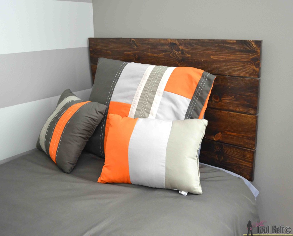 Super cute gray and orange boys room inspired by racing legend Dusty!  Free woodworking plans for an easy DIY - simple headboard.