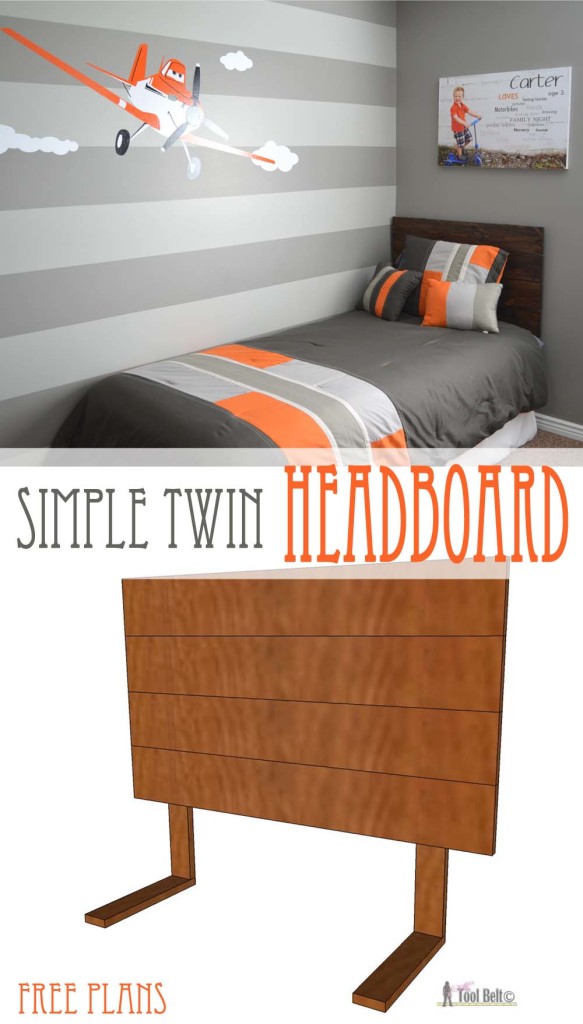 Super cute gray and orange boys room inspired by racing legend Dusty!  Free woodworking plans for an easy DIY - simple twin headboard.