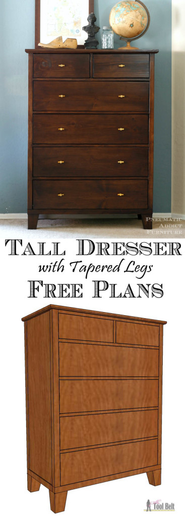 Build a gorgeous tall dresser with tapered legs for your bedroom, free woodworking plans.