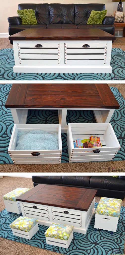 Add storage to your living areas by building a stylish and unique crate storage coffee table, free woodworking plans. #Ryobiorganized