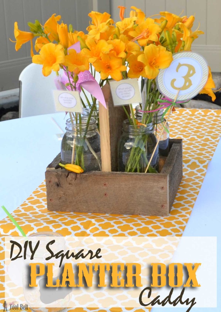 The perfect centerpiece for a rustic wedding or party! Free Plans for a DIY square planter box caddy that holds 4 quart mason jars. 