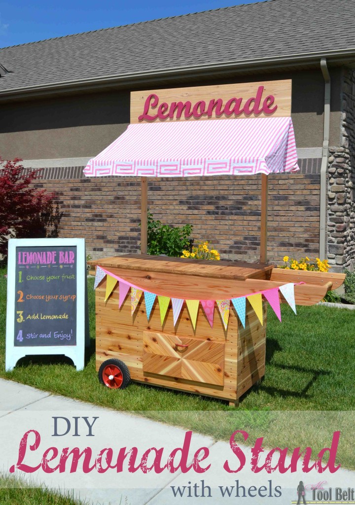 Build the cutest Lemonade Stand on the block and it's even on wheels!  This lemonade cart would be so cute for an outdoor wedding or party, free plans.