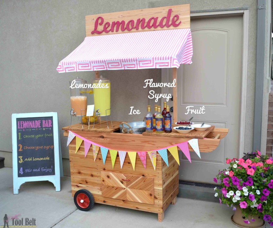 Build the cutest Lemonade Stand on the block and it's even on wheels!  This lemonade cart would be so cute for an outdoor wedding or party, free plans.