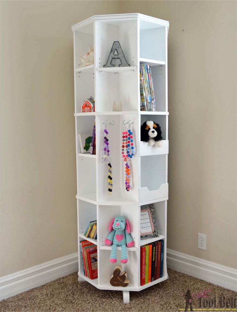 With the kids heading back to school and getting new books and supplies, an octagon rotating bookshelf is a perfect space saving storage solution. Tuck the bookshelf in the corner of the room and have plenty of stylish storage for books and knick knacks. The bookshelf easily spins around and around, revealing additional shelves. Free Plans