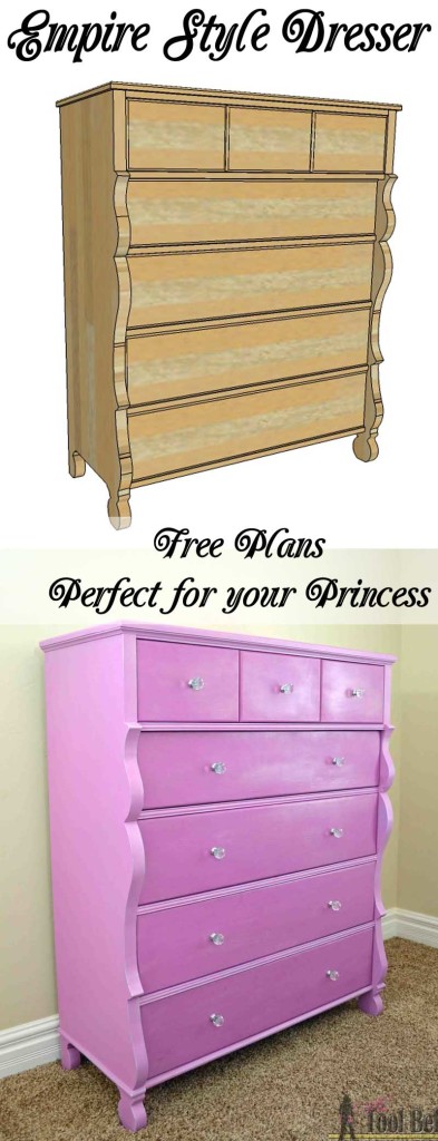 The perfect dresser for my little princess. Free plans to build a roomy Empire dresser with 7 drawers. 