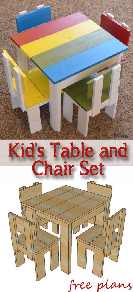 Build an easy table and chair set for the little kids. The set costs about $35 to build. Free plans!