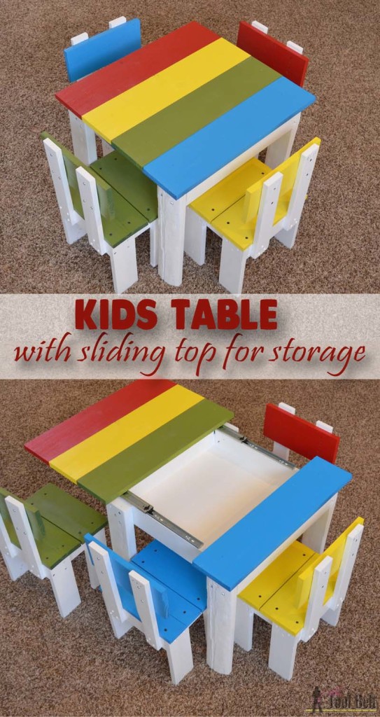Free plans to build an easy kids table with sliding top for storage.
