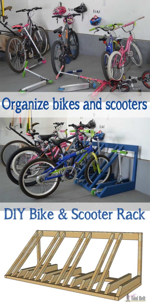 The perfect way to organize those bikes and scooters all over the garage. Free and easy plans to build a bike and scooter rack for only about $30.