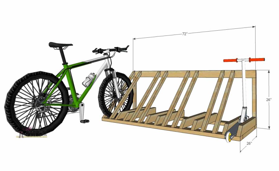 The perfect way to organize those bikes and scooters all over the garage. Free and easy plans to build a bike and scooter rack for only about $30.