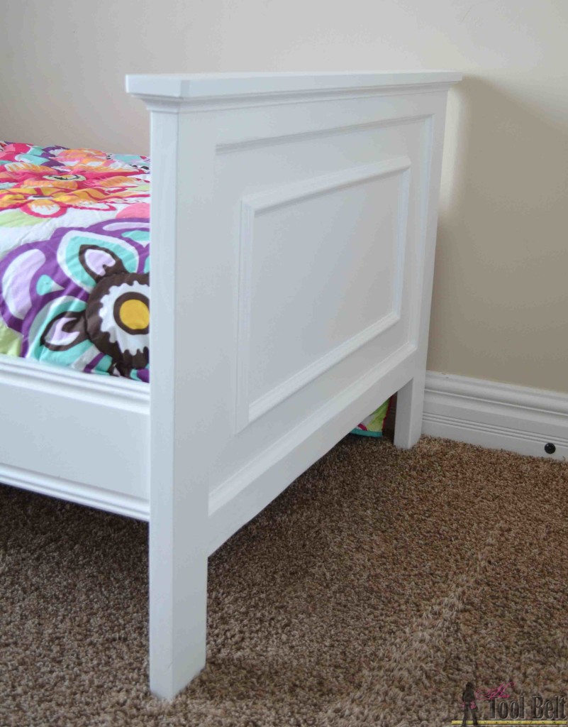 This twin bed is so easy to DIY. Add a little molding to create a faux raised panel look. Free twin bed plans. 