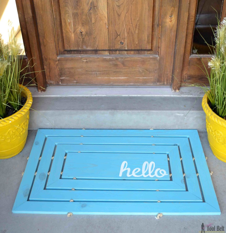 hello wood door mat blue