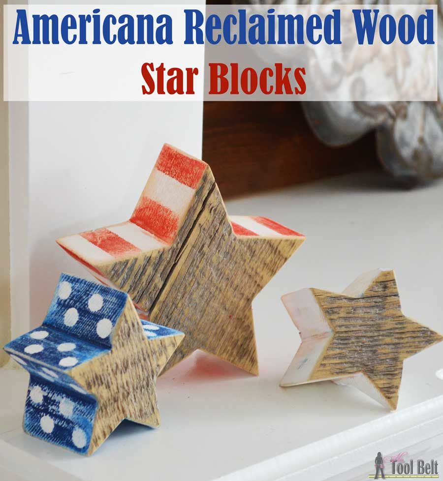 Super easy Americana wood craft using chunky reclaimed wood (barn wood). Distressed red, white and blue star blocks with free pattern and simple tutorial.