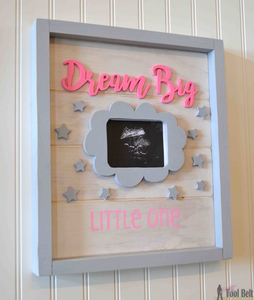 "Dream Big Little One' cute handmade wood sign with scroll words and picture frame. Free pattern and tutorial.