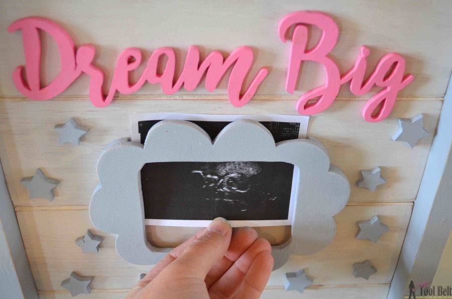 "Dream Big Little One' cute handmade wood sign with scroll words and picture frame. Free pattern and tutorial.