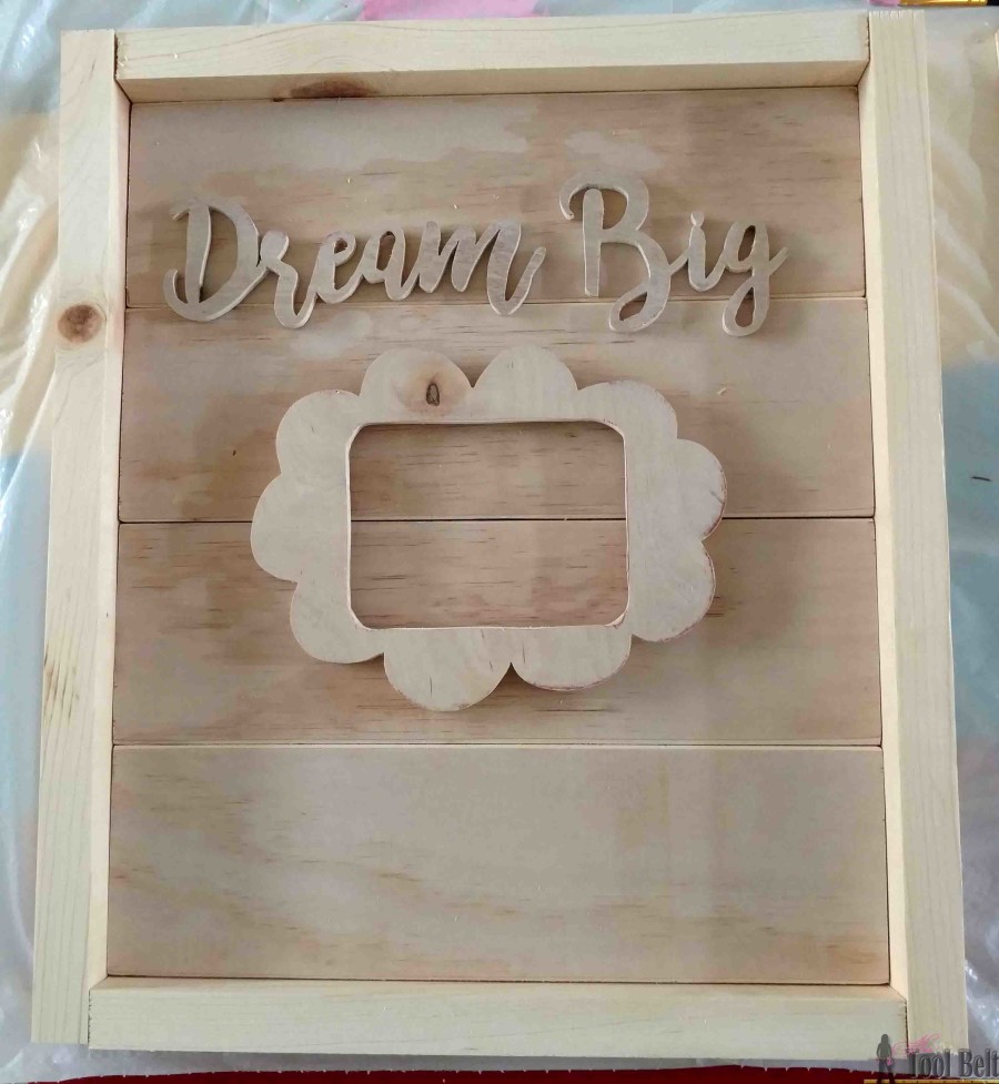"Dream Big Little One' cute handmade wood sign with scroll words and picture frame. Free pattern and tutorial.