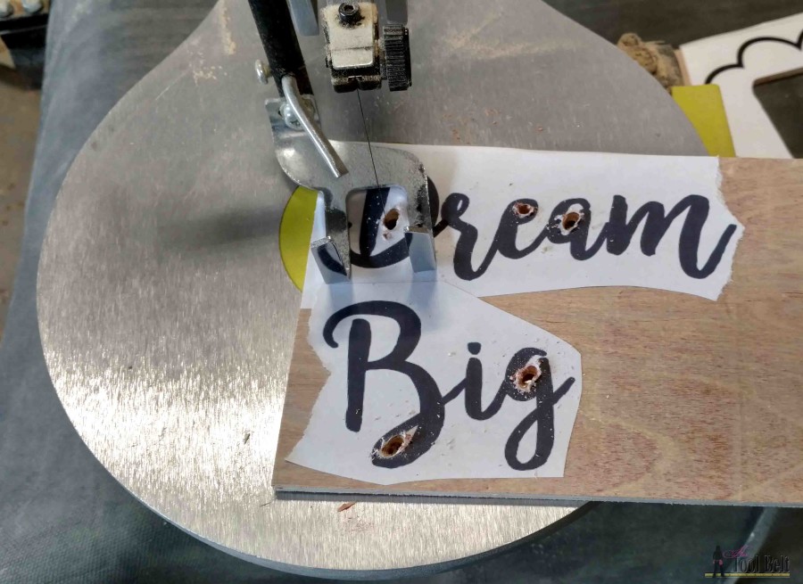 "Dream Big Little One' cute handmade wood sign with scroll words and picture frame. Free pattern and tutorial.