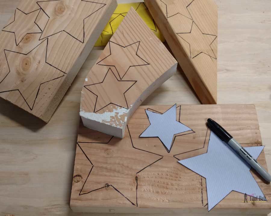 Super easy wood craft to use up scrap wood 2x4 and 2x6 pieces. Distressed red, white and blue star blocks with free pattern and simple tutorial.