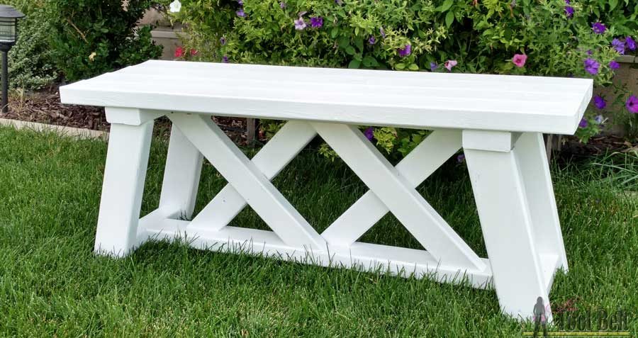 Build a cute little DIY bench for you porch or entry. Use 2x4's to build it for only about $13!!! Free plans