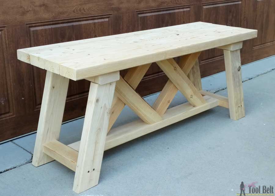 Build a cute little DIY outdoor bench for your porch or entry. Use 2x4's (and 2x3's) to build it for only about $13!!! Free plans