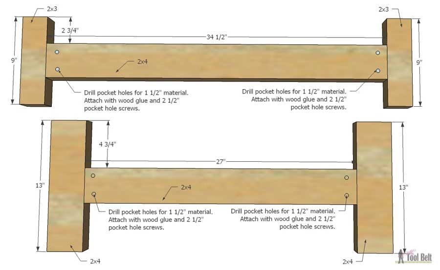 Build a cute little DIY bench for you porch or entry. Use 2x4's to build it for only about $13!!! Free plans