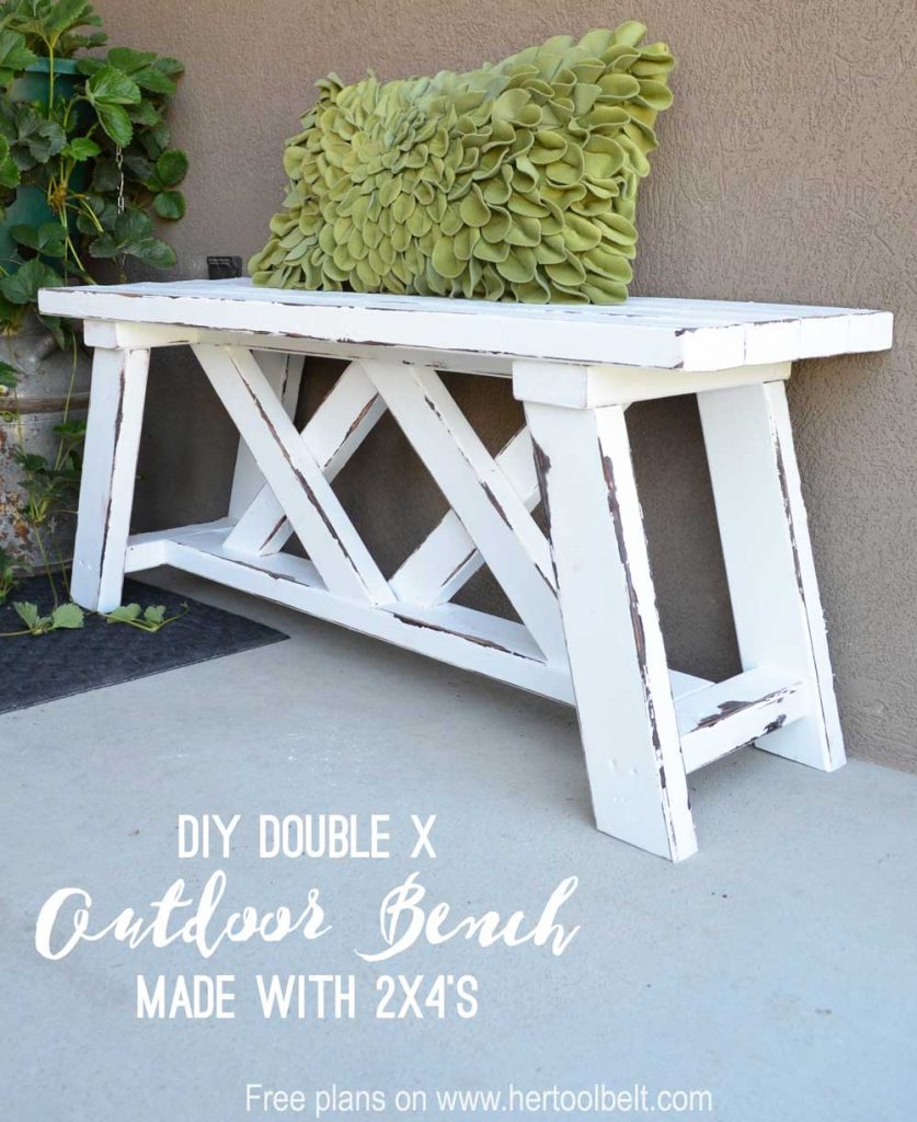 Build a cute little DIY outdoor bench for your porch or entry. Use 2x4's (and 2x3's) to build it for only about $13!!! Free plans