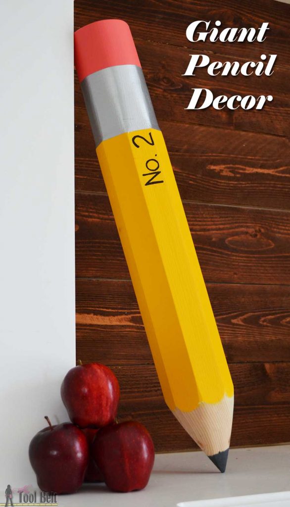 Giant pencil decoration perfect for your classroom, playroom or for your favorite budding writer. Made from a simple 4x4 piece of wood.