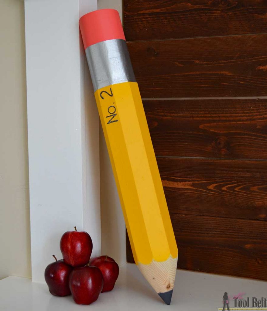 Giant pencil decoration perfect for your classroom, playroom or for your favorite budding writer. Made from a simple 4x4 piece of wood.