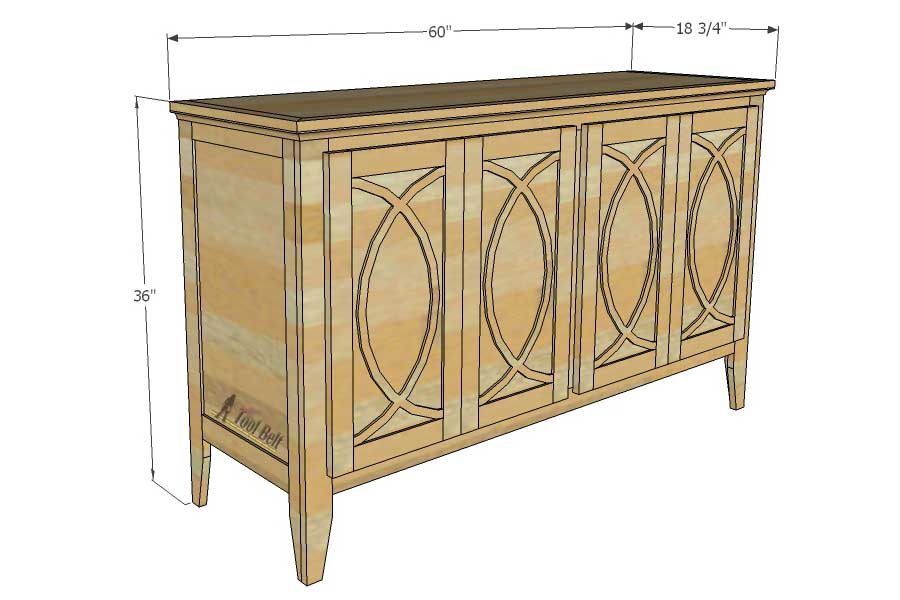 DIY Buffet or Sideboard with circle trim doors. This buffet cabinet boasts plenty of dining/kitchen supply storage. Free building plans.