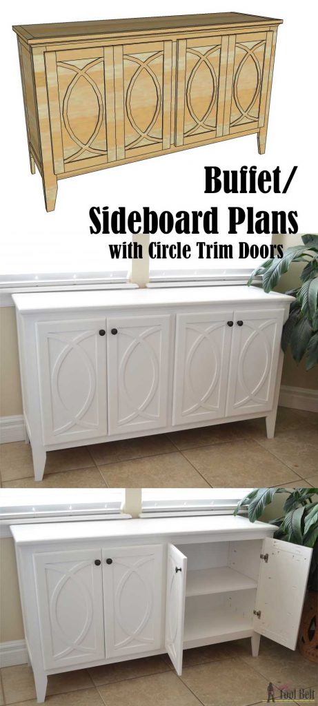 DIY Buffet or Sideboard with circle trim doors. This buffet cabinet boasts plenty of dining/kitchen supply storage. Free building plans.