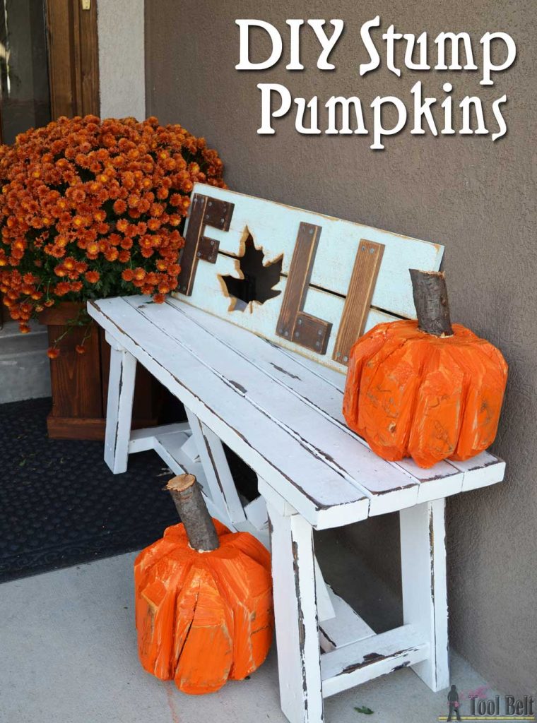 Make a simple and rustic 'Stump Pumpkin' or 'Log Pumpkin' from a wood stump. Use a chain saw to cut a simple chamfer along the top and bottom of a log for one pumpkin look. Add ribs around the stump for a more detailed rustic pumpkin. Cheap and cute Fall or Halloween craft.