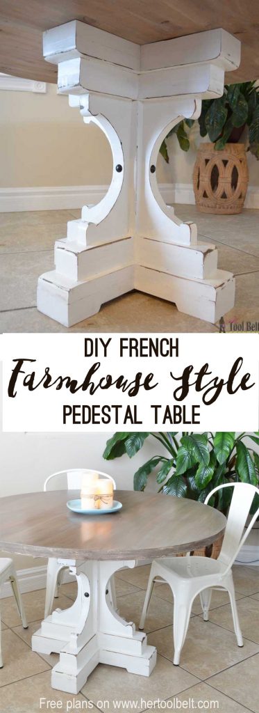 Free woodworking plans to build a chunky french farmhouse style 48" round pedestal table. This table is made from simple lumber (2x8, 2x6, 2x4) from Home Depot. Love the reclaimed wood finish!