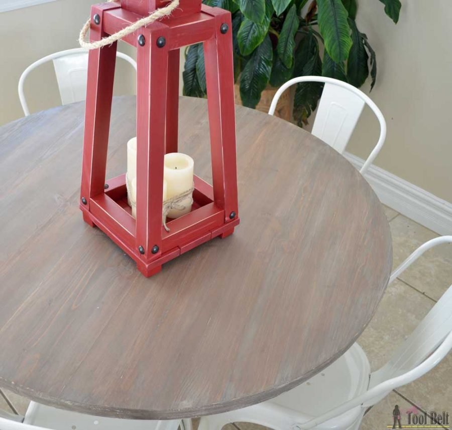 Free woodworking plans to build a chunky french farmhouse style 48" round pedestal table. This table is made from simple lumber (2x8, 2x6, 2x4) from Home Depot. Love the reclaimed wood finish!