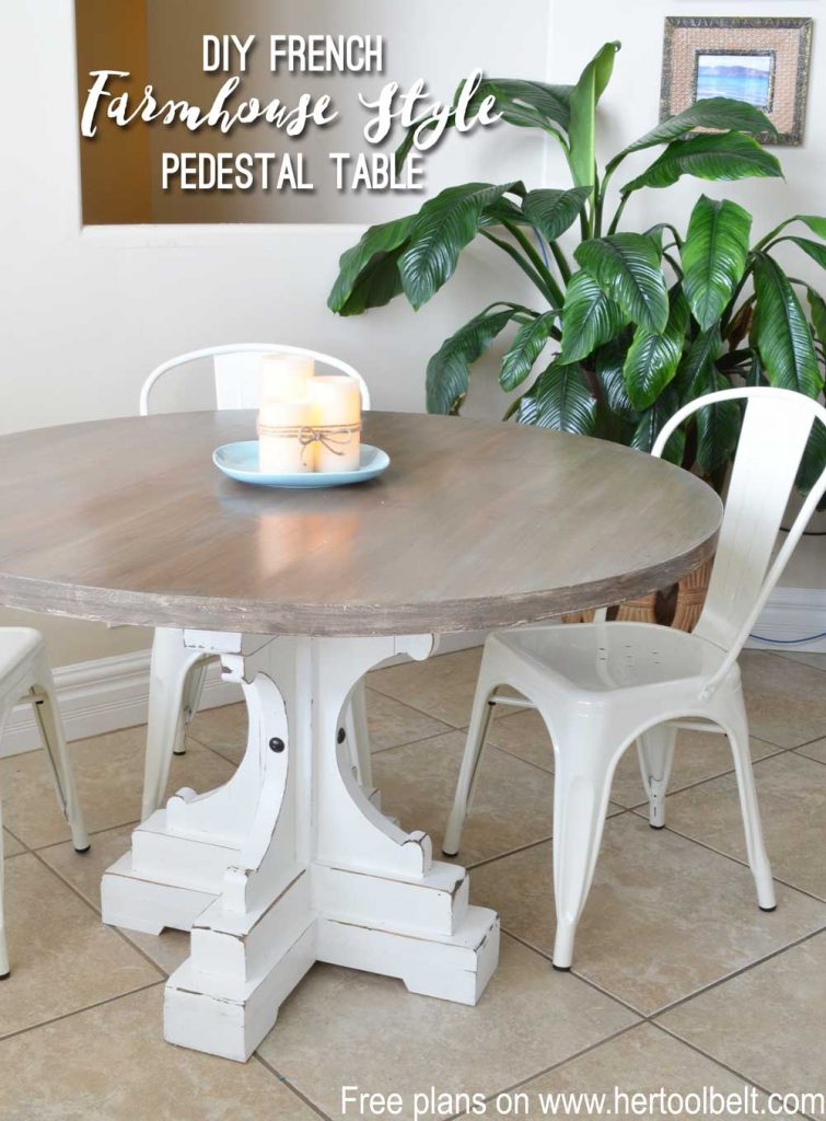 Free woodworking plans to build a chunky french farmhouse style 48" round pedestal table. This table is made from simple lumber (2x8, 2x6, 2x4) from Home Depot. Love the reclaimed wood finish!