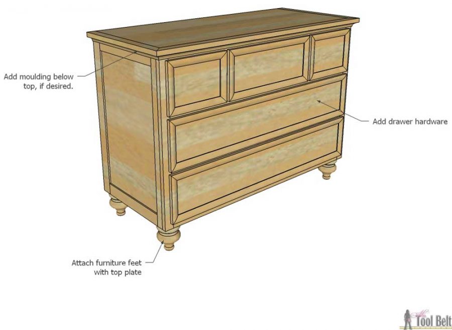  Plans gratuits pour construire une commode / table à langer à 5 tiroirs avec détail de planche à perles. 