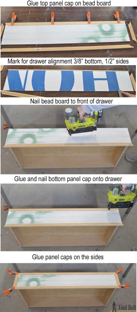 Free plans to build a DIY 5 drawer dresser/changing table with bead board detail. changing-table-drawer-front-assembly