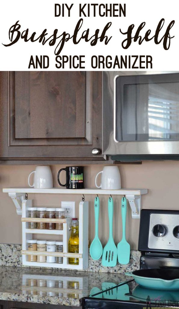 Clear the countertop clutter and have all of your essential kitchen gadgets organized and handy. Free plans and tutorial to build a DIY kitchen backsplash shelf and spice organizer.