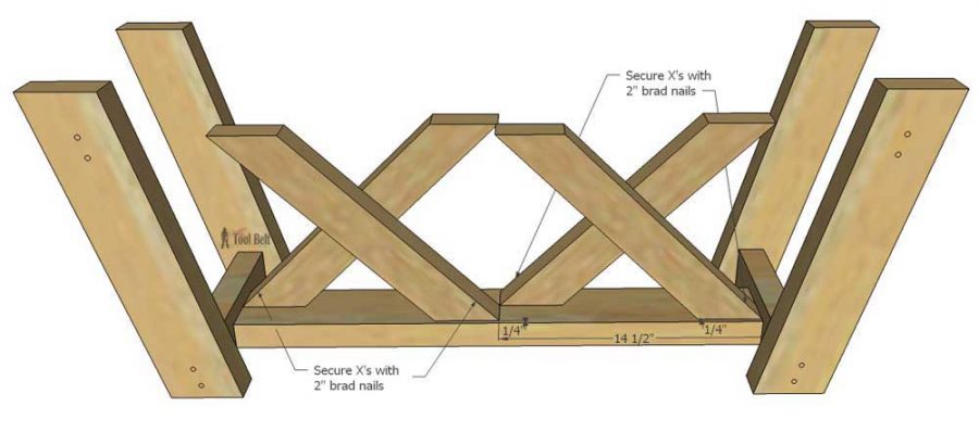 I'm making this cute bench for my porch! Build an easy double X bench from 2x4's and 2x3's with free plans.