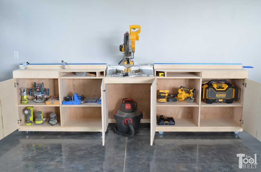 A miter saw station with all the bells and whistles. There is plenty of work space, stop blocks and loads of storage! Free building plans that can be adjusted to any miter saw.