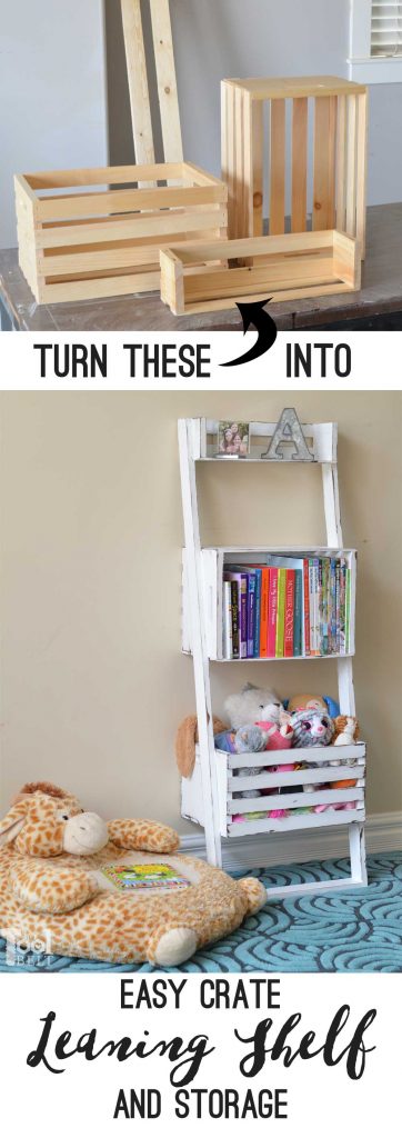 Oh this would be super easy to make. Build a leaning shelf with crates, perfect to help organize kids bedrooms. Free building plans.